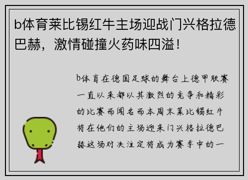 b体育莱比锡红牛主场迎战门兴格拉德巴赫，激情碰撞火药味四溢！
