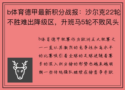b体育德甲最新积分战报：沙尔克22轮不胜难出降级区，升班马5轮不败风头正劲 - 副本