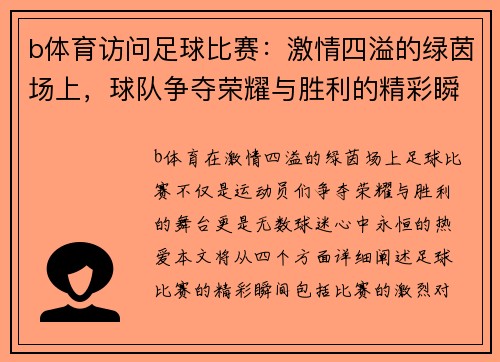 b体育访问足球比赛：激情四溢的绿茵场上，球队争夺荣耀与胜利的精彩瞬间